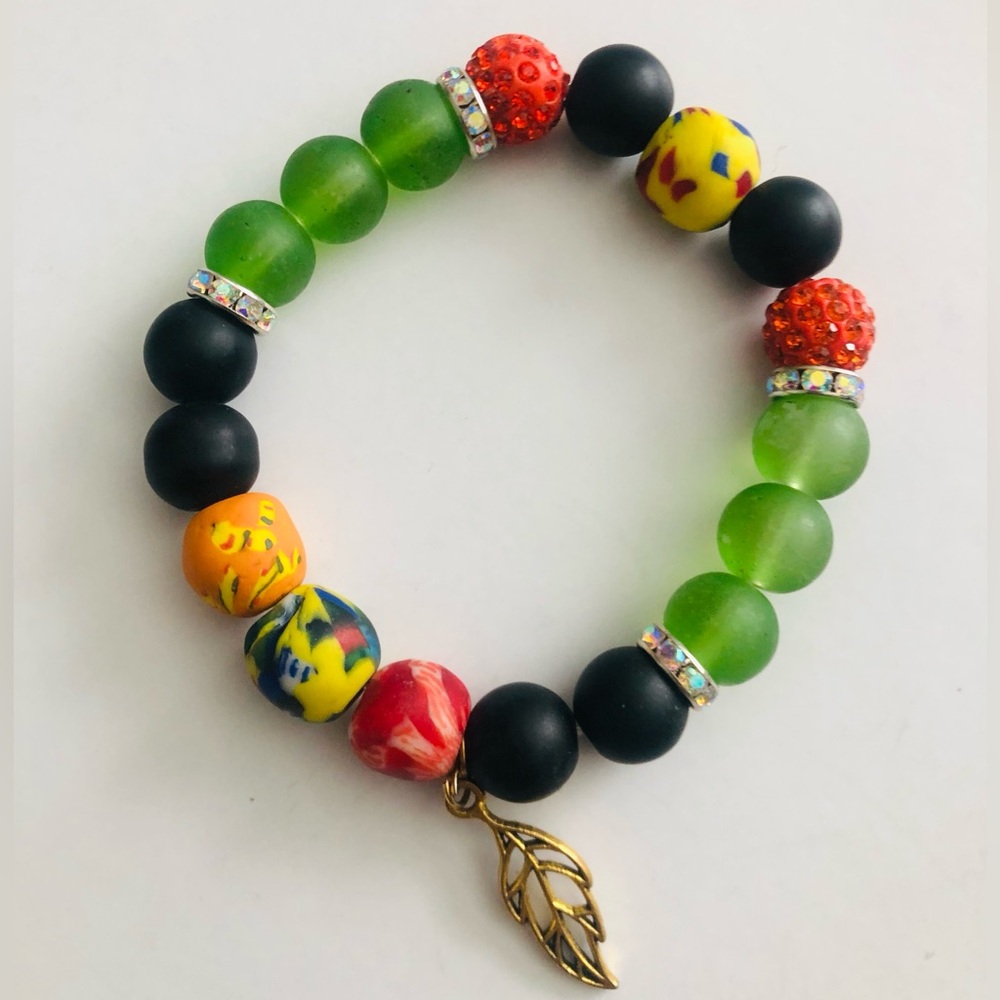 Colorful African Beaded Bracelet with Leaf Charm